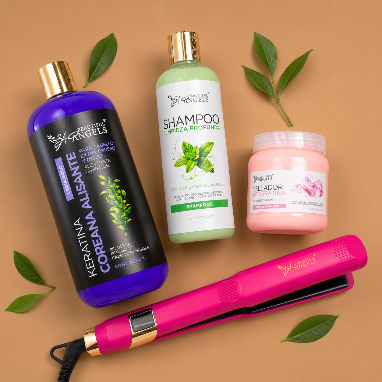 Kit Keratina Coreana Alisante Gold 1L + Shampoo Limpieza 500ml + Sellador de Keratina 250ml + Plancha Beautiful Angels