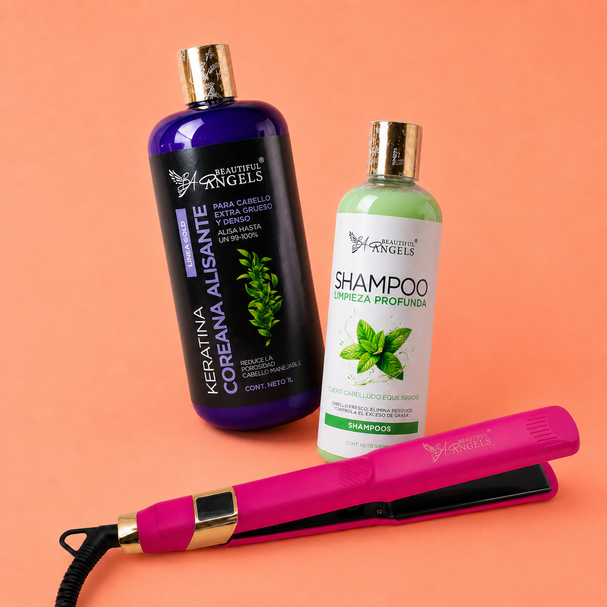 Kit Keratina Coreana Alisante Gold 1L + Shampoo Limpieza Profunda 500ml + Plancha Beautiful Angels