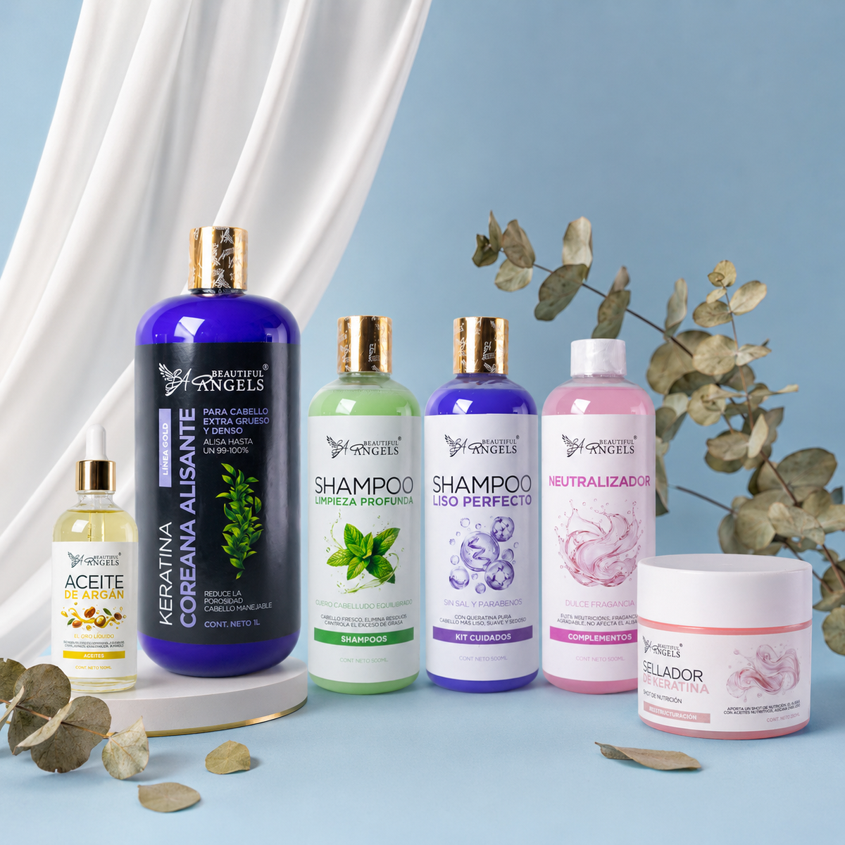 Kit Keratina Coreana Alisante Gold 1L + Shampoo Limpieza Profunda 500ML + Shampoo Liso Perfecto  500ML + Neutralizador 500ML + Sellador de Keratina 250ML + Aceite de Argán 100ML