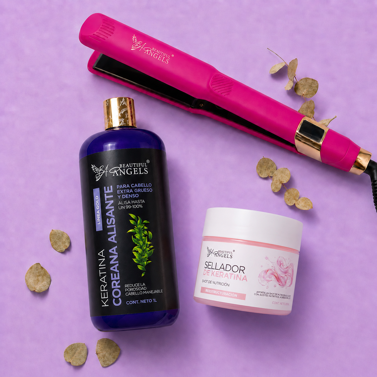 Kit Keratina Coreana Alisante Gold 1L + Sellador de Keratina 250ml + Plancha Profesional Beautiful Angels