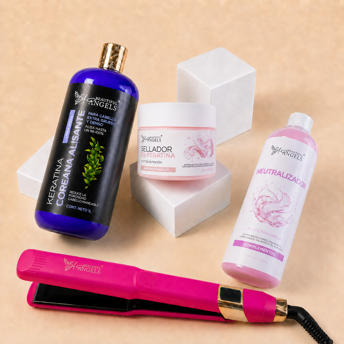Kit Keratina Coreana Alisante Gold 1L+ Neutralizador 500ML + Sellador de Keratina 250ML + Plancha Profesional Beautiful Angels