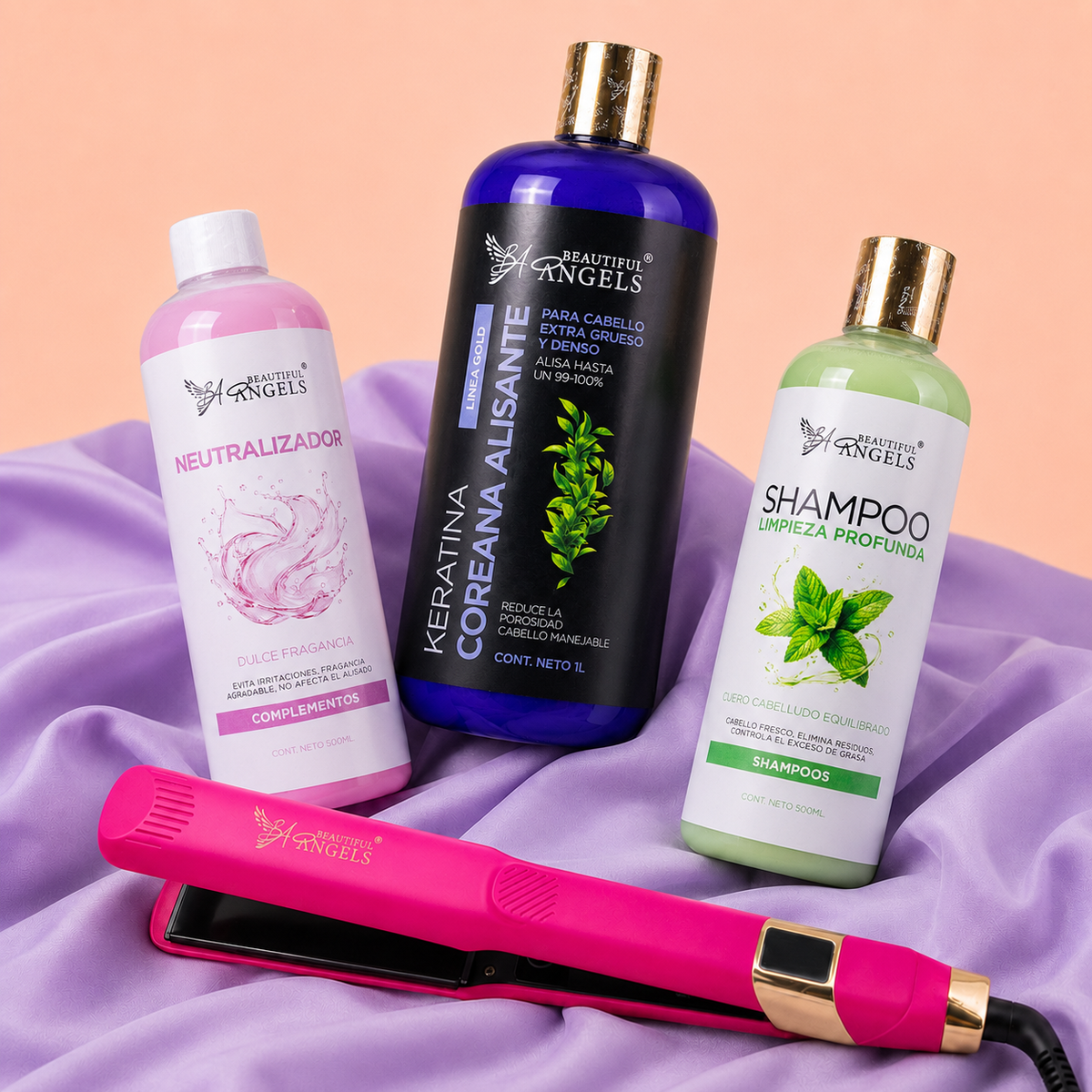 Kit Keratina Coreana Alisante Gold 1L + Shampoo Limpieza Profunda 500ML + Neutralizador 500ML + Plancha Profesional Beautiful Angels