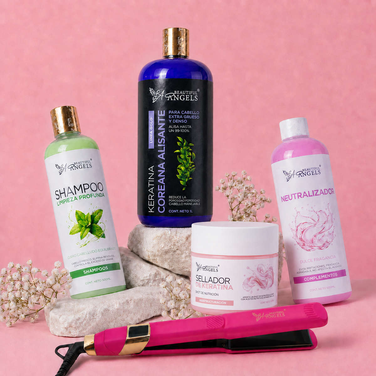 Kit Keratina Coreana Alisante Gold 1L + Shampoo Limpieza Profunda 500ML + Neutralizador 500ML + Sellador de Keratina 250ML + Plancha Profesional Beautiful Angels