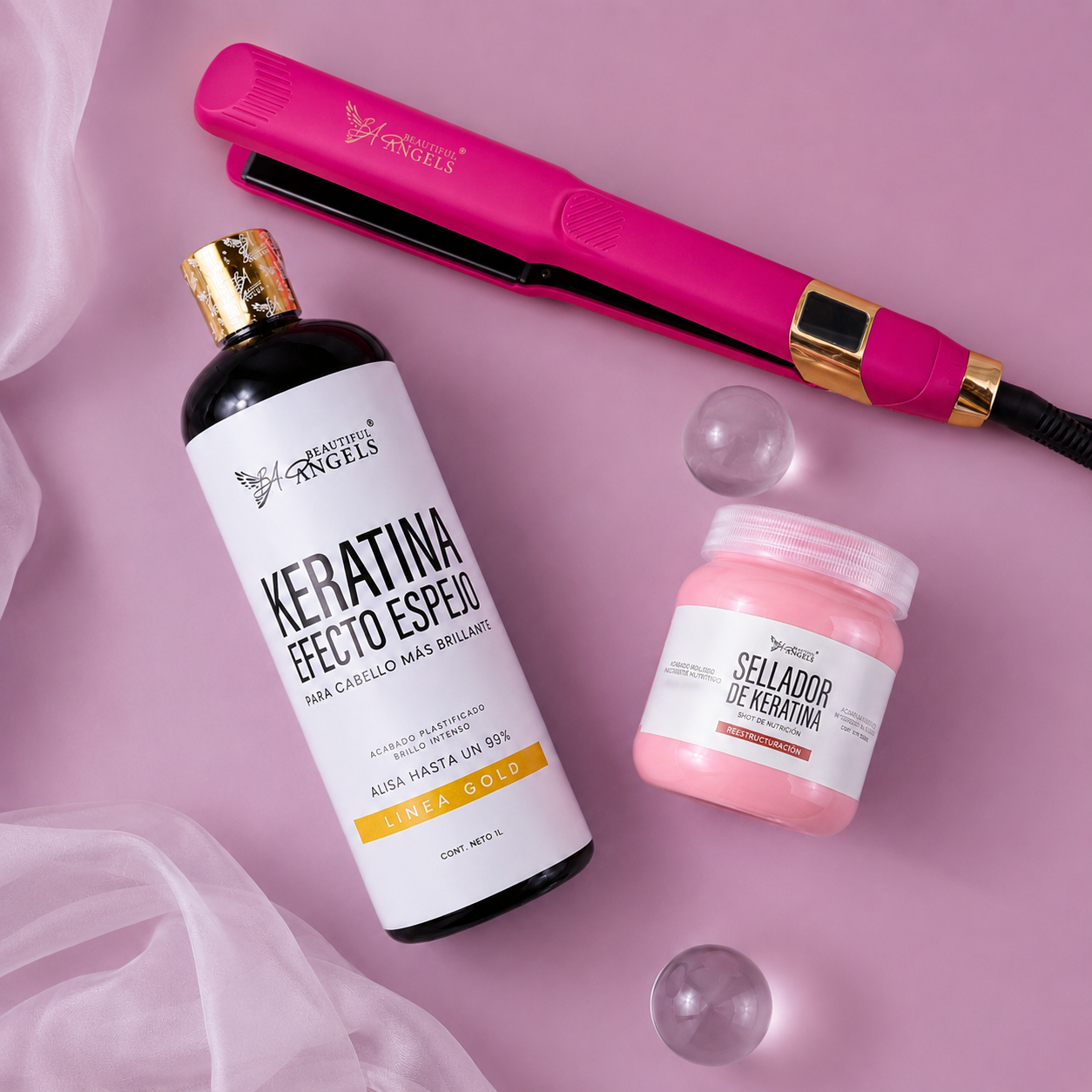 Kit Profesional de Alisado Keratina Efecto Espejo Gold + Sellador de Keratina + Plancha Profesional de Nanotitanio