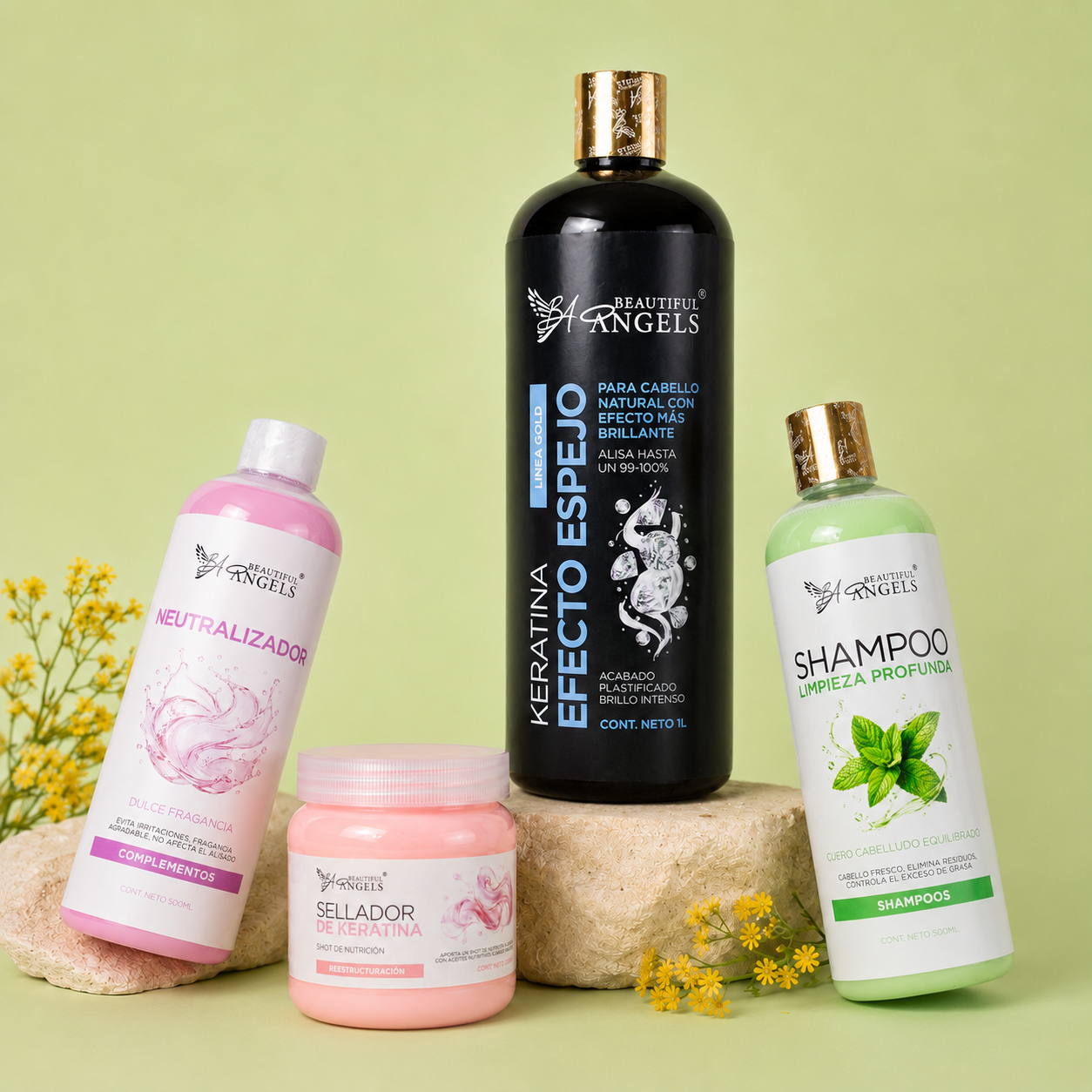Kit Keratina Efecto Espejo Gold 1L + Shampoo Limpieza Profunda 500ML + Neutralizador 500ML + Sellador de Keratina 250ML