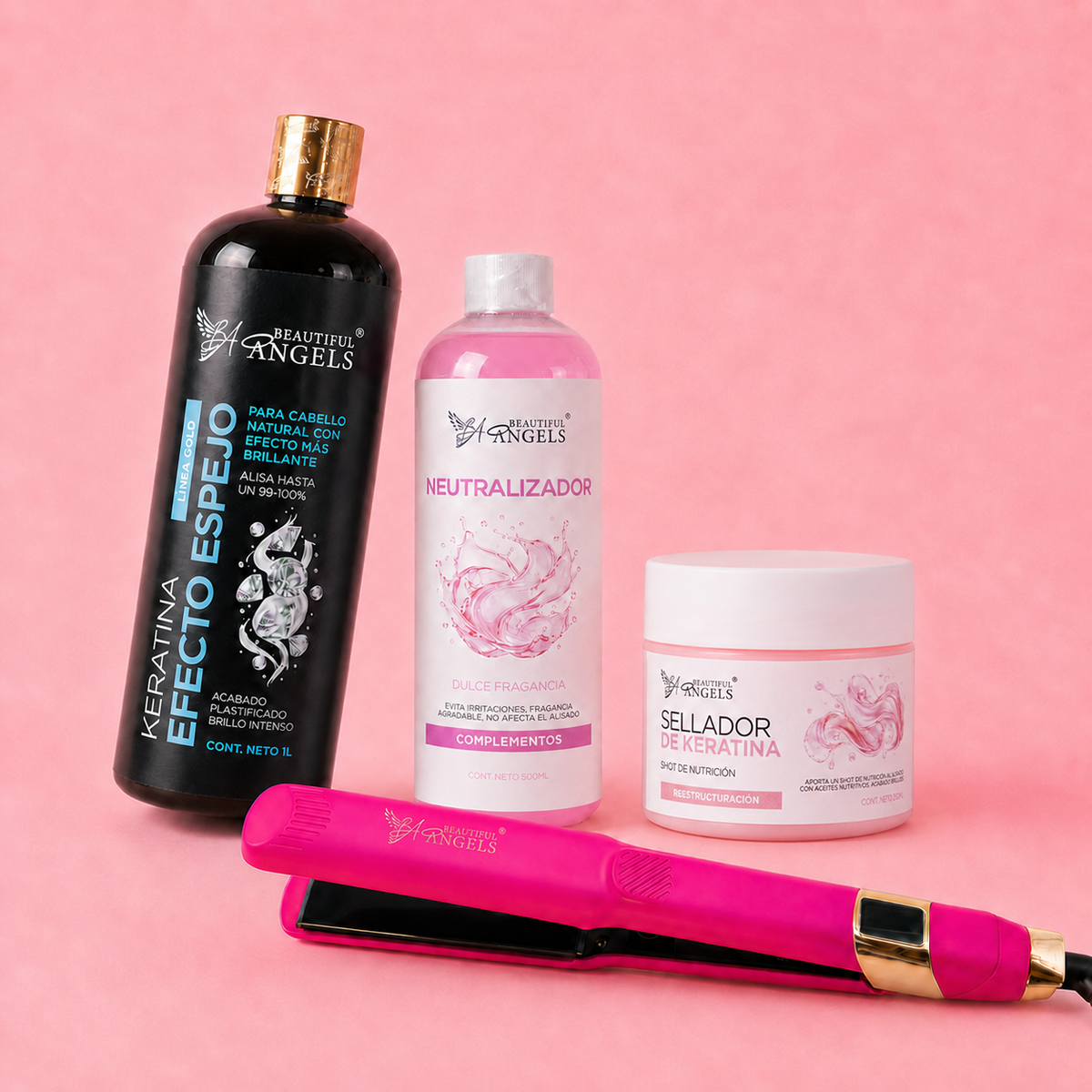 Kit Keratina Efecto Espejo Gold 1L+ Neutralizador 500ML + Sellador de Keratina 250ML + Plancha Profesional Beautiful Angels