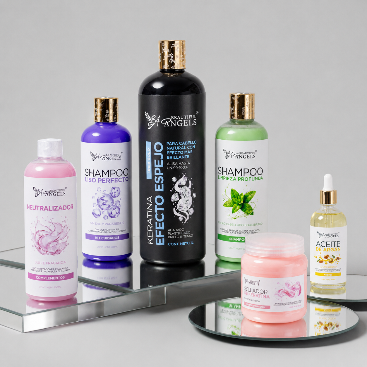 Kit Keratina Efecto Espejo Gold 1L + Shampoo Limpieza Profunda 500ML + Shampoo Liso Perfecto 500ML  + Neutralizador 500ML + Sellador de Keratina 250ML + Aceite de Argán 100ML