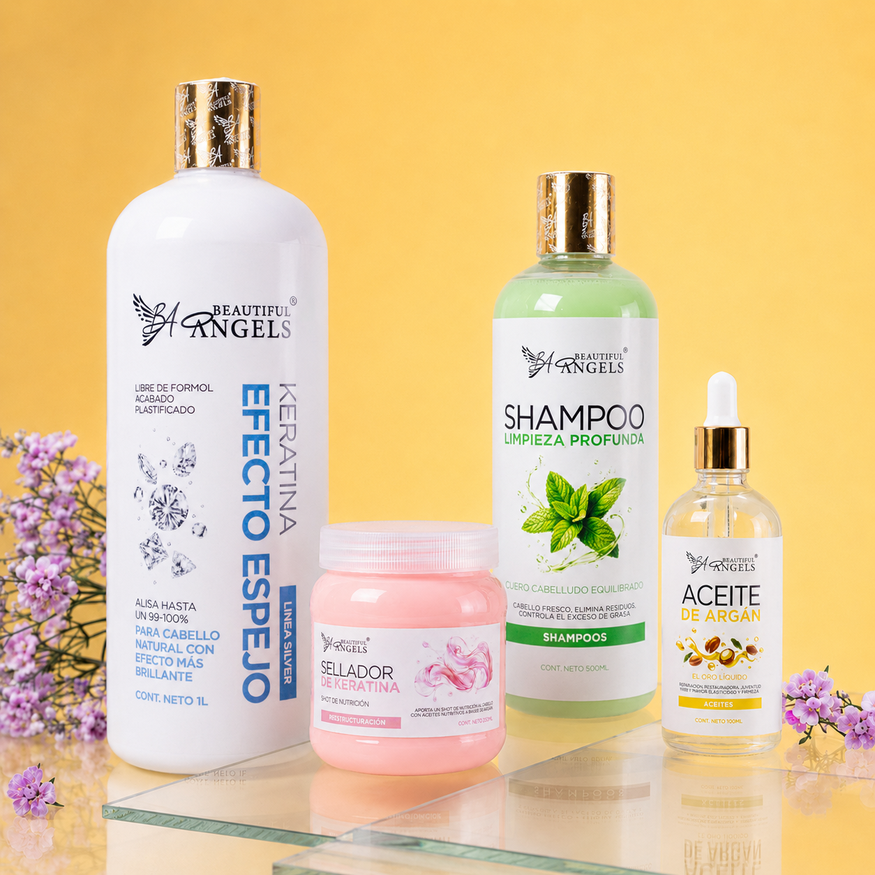Kit Keratina Efecto Espejo Silver 1L + Shampoo Limpieza Profunda 500ML + Sellador de Keratina 250ML + Aceite de Argán 100ML