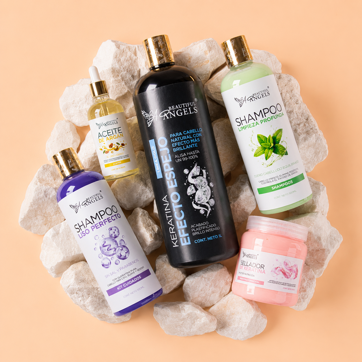 kit keratina Efecto Espejo Gold 1L + Shampoo limpieza profunda 500ml + Shampoo liso perfecto 500ml+ sellador 250ml + Aceite argán