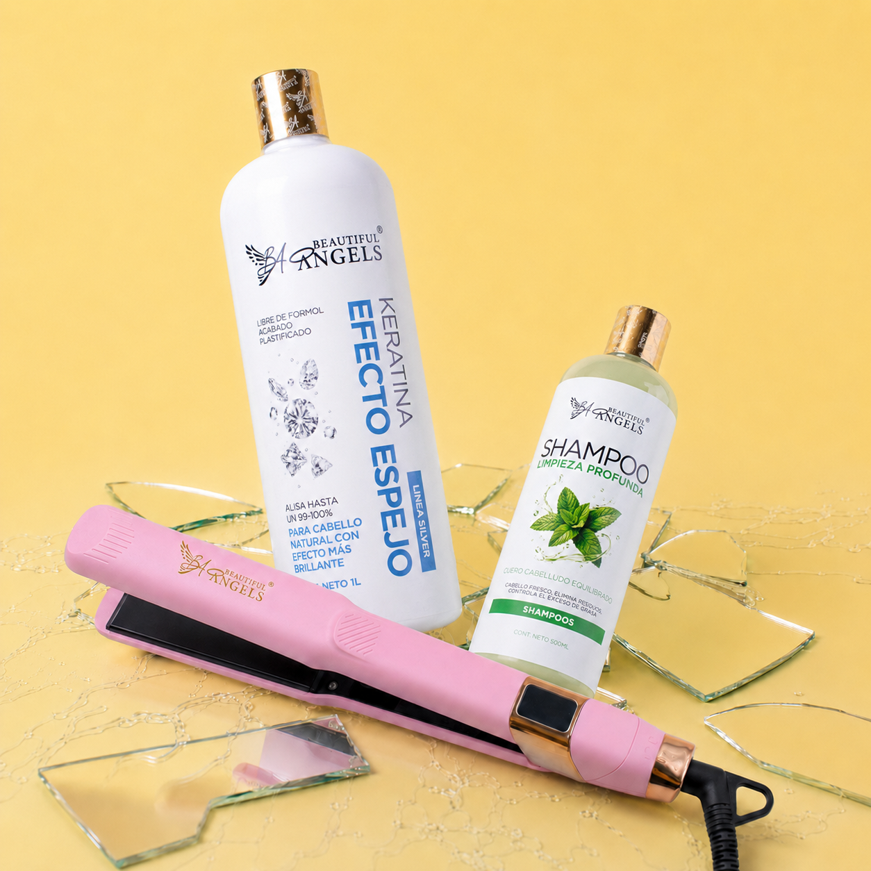 Kit Keratina Efecto Espejo Silver 1L + Shampoo Limpieza Profunda 500ml + Plancha Beautiful Angels