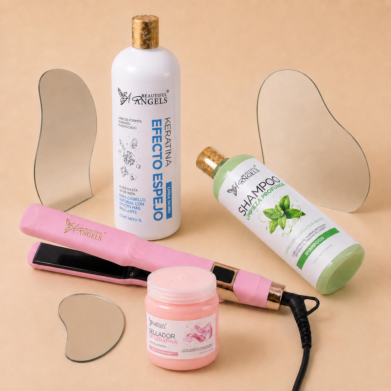 Kit Keratina Efecto Espejo Silver 1L + Shampoo Limpieza Profunda 500ml + Sellador de Keratina 250ml + Plancha Beautiful Angels