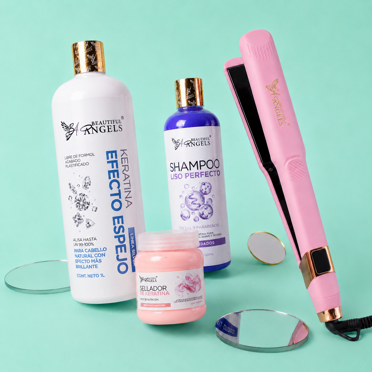 Kit Keratina Efecto Espejo Silver 1L + Shampoo Liso Perfecto 500ml + Sellador de Keratina 250ml + Plancha Beautiful Angels