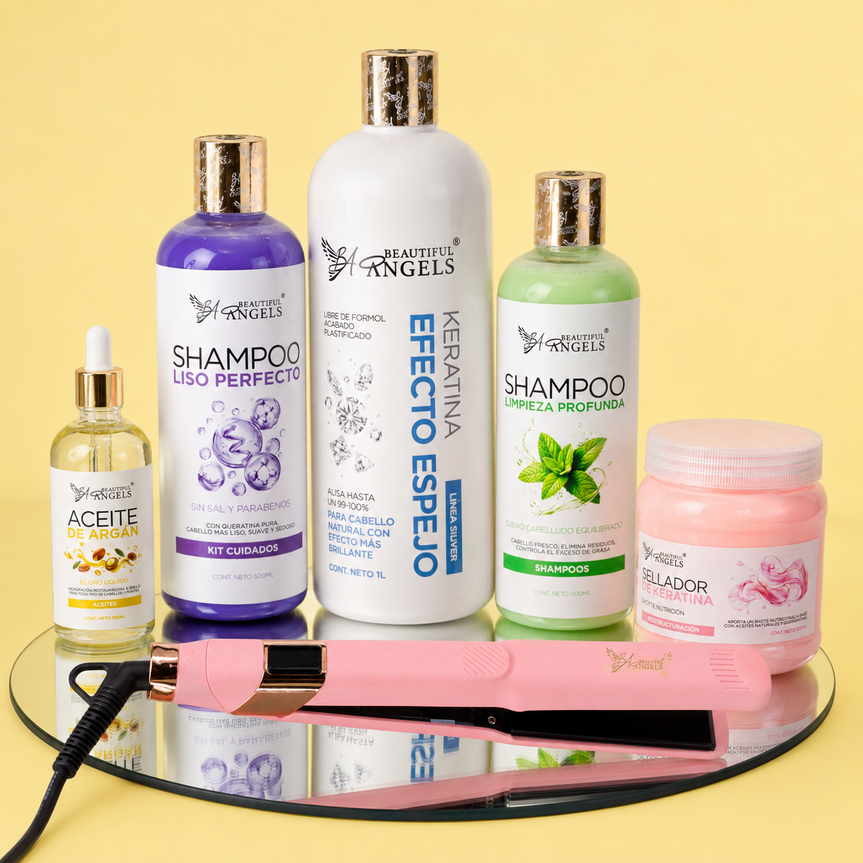 Kit Keratina Efecto Espejo Silver 1L + Shampoo Limpieza Profunda 500ml + Shampoo Liso Perfecto 500ml + Sellador de Keratina 250ml + Aceite de Argán 100ml + Plancha Beautiful Angels