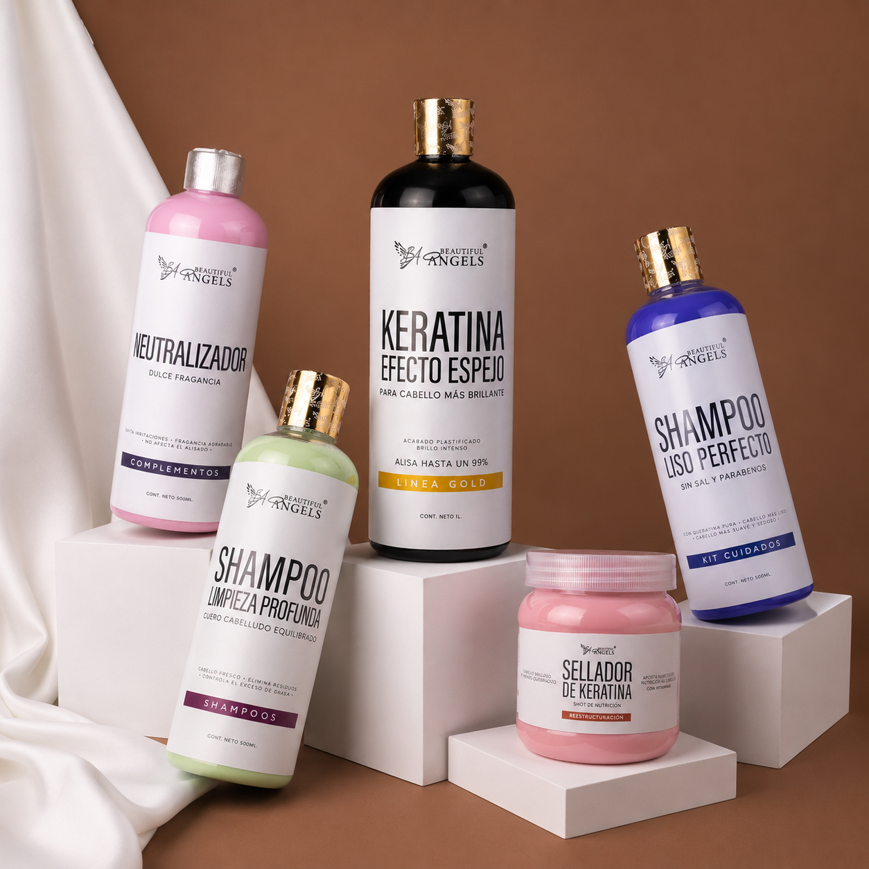 Kit Keratina Efecto Espejo Gold + Shampoo Limpieza Profunda + Shampoo Liso Perfecto + Neutralizador + Sellador de Keratina