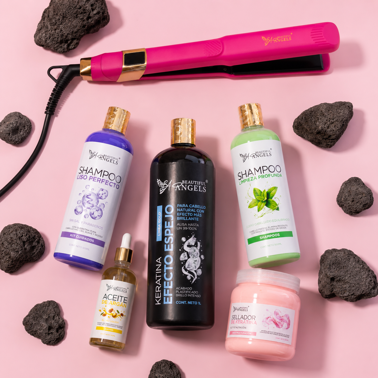 Kit Keratina Efecto Espejo Gold 1L + Shampoo Limpieza 500ml + Shampoo Liso 500ml + Sellador de Keratina 250ml + Aceite de Argán 100ml + Plancha Beautiful Angels