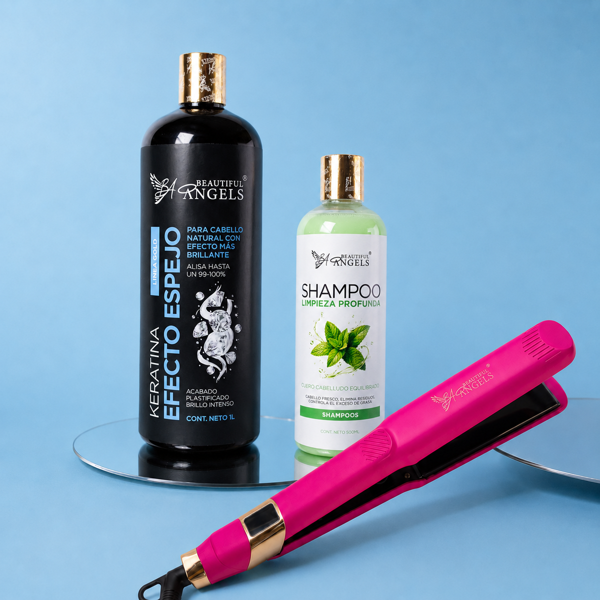 Kit Keratina Efecto Espejo Gold 1L + Shampoo Limpieza Profunda 500ml + Plancha Beautiful Angels