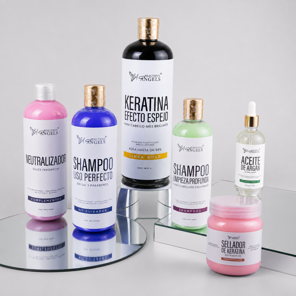 Kit Keratina Efecto Espejo Gold + Shampoo Limpieza Profunda + Shampoo Liso Perfecto + Neutralizador + Sellador de Keratina + Aceite de Argán