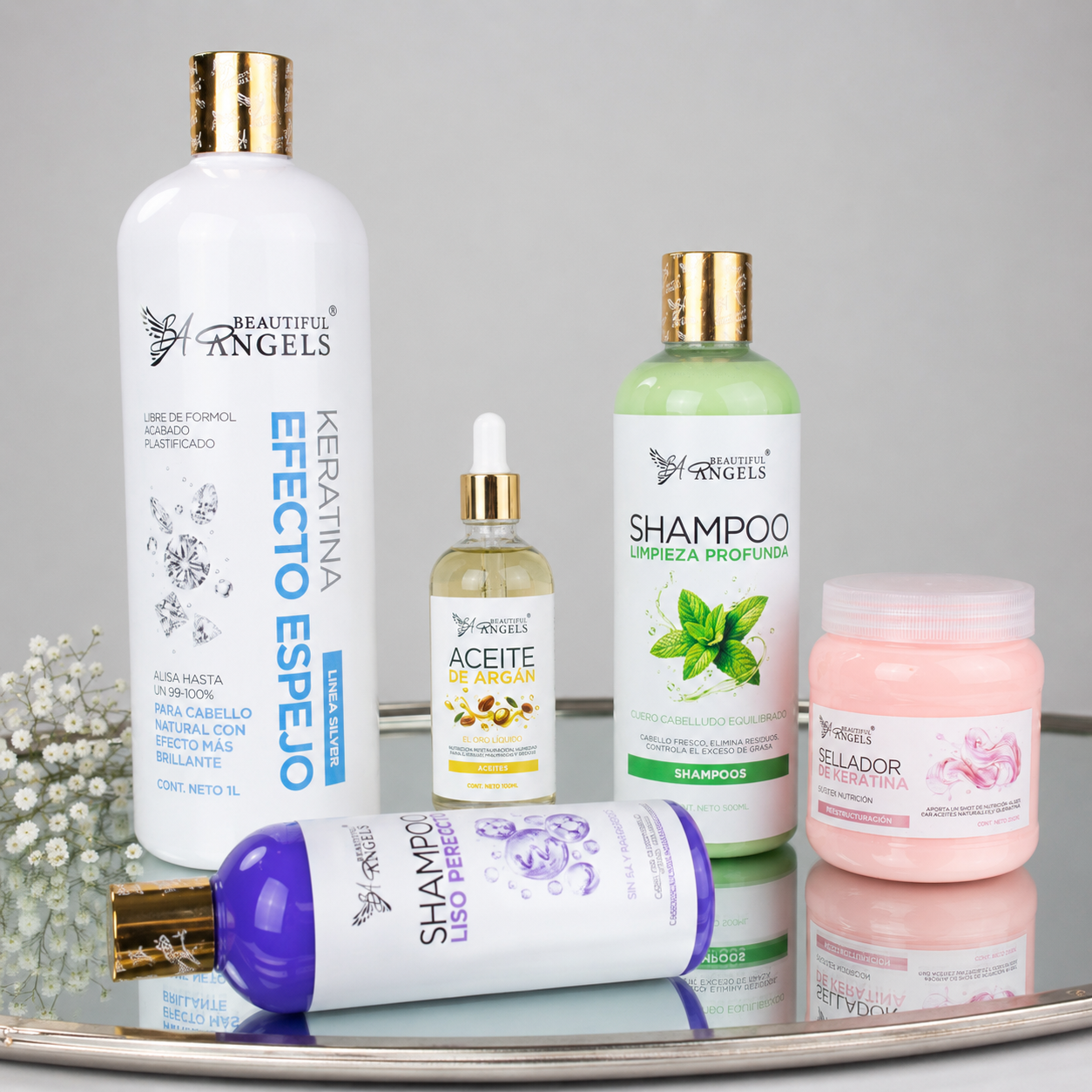Kit Efecto Espejo Silver 1L + Shampoo Limpieza Profunda 500ML+ Shampoo Liso Perfecto 500ML + Sellador 250ML+ Aceite de Argan 100ML