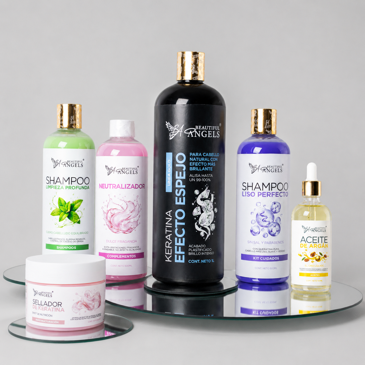 Kit Keratina Efecto Espejo Gold 1L + Shampoo Limpieza Profunda 500ML + Shampoo Liso Perfecto 500ML  + Neutralizador 500ML + Sellador de Keratina 250ML + Aceite de Argán 100ML