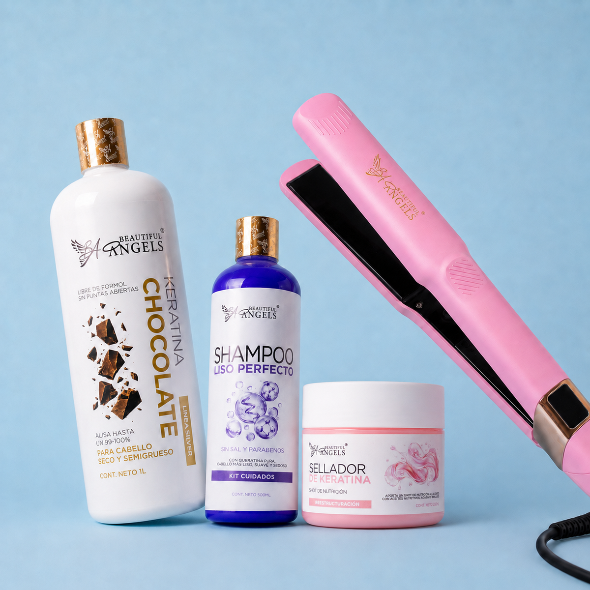 Kit Keratina Chocolate Silver 1L + Shampoo Liso Perfecto 500ml + Sellador de Keratina 250ml + Plancha Beautiful Angels