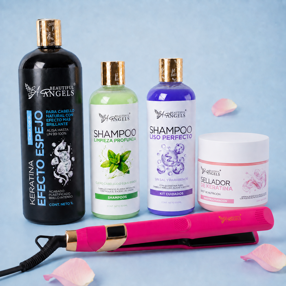 Kit Keratina Efecto Espejo Gold 1L + Shampoo Limpieza Profunda 500ml + Shampoo Liso Perfecto 500ml + Sellador de Keratina 250ml + Plancha Beautiful Angels