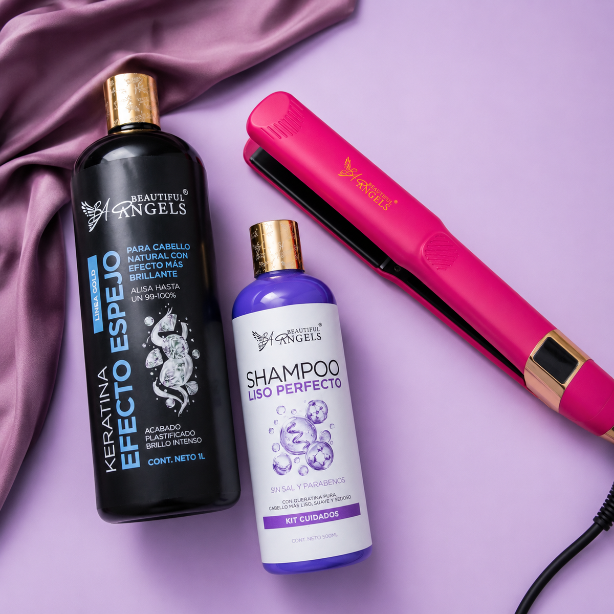 Kit Keratina Efecto Espejo Gold 1L + Shampoo Liso Perfecto 500ml + Plancha Beautiful Angels