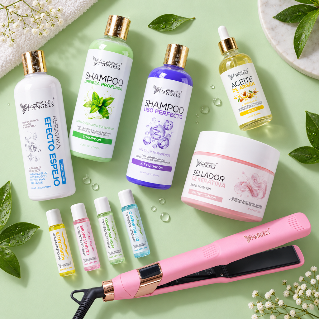 Kit Profesional Keratina Efecto Espejo Silver Beautiful Angels 500ml- Cabello Suave, Controlado y Brillo Intenso que Cautiva, Elimina Frizz y Encrespamiento
