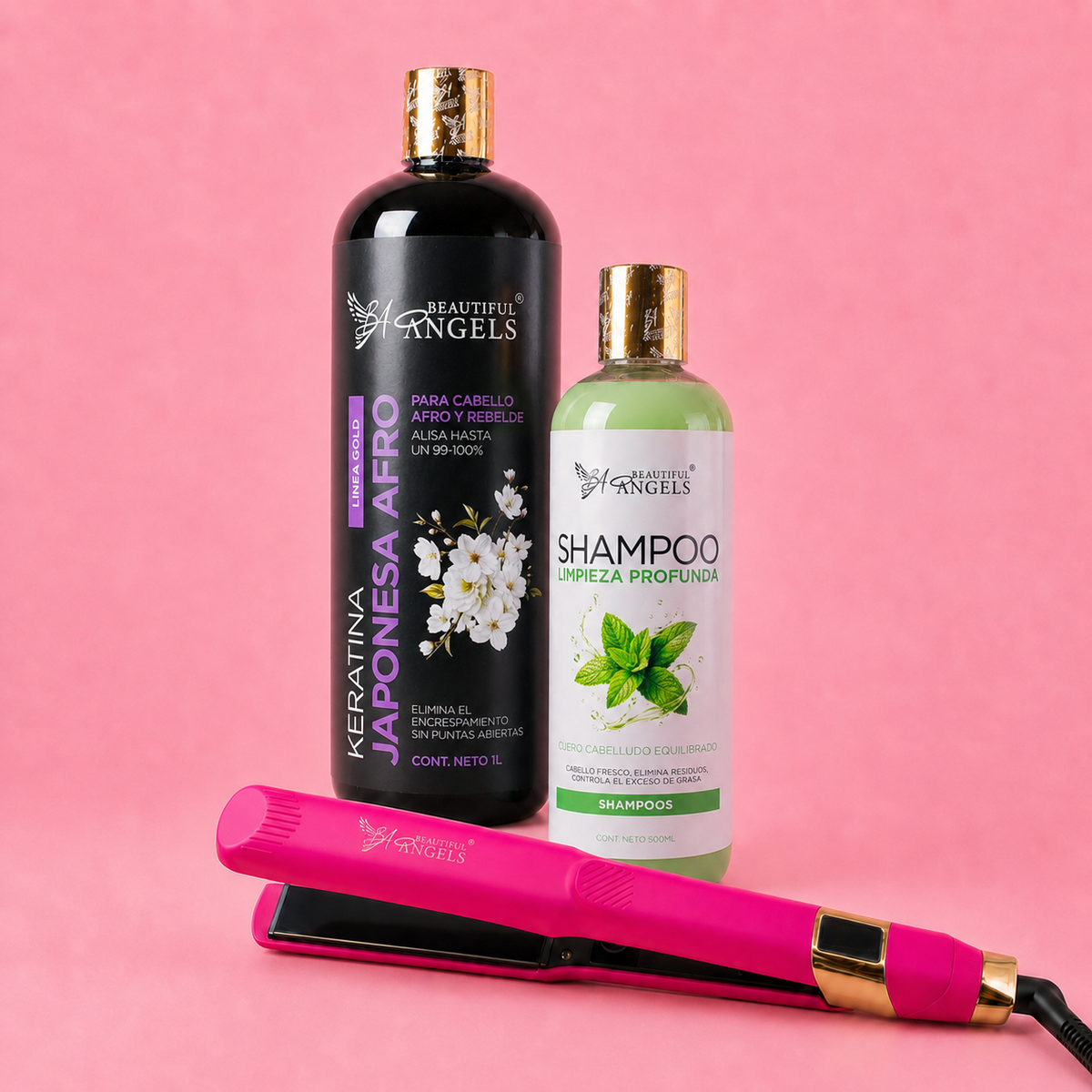 Kit Keratina Japonesa Ultra Afro Gold 1L + Shampoo Limpieza Profunda 500ml + Plancha Beautiful Angels