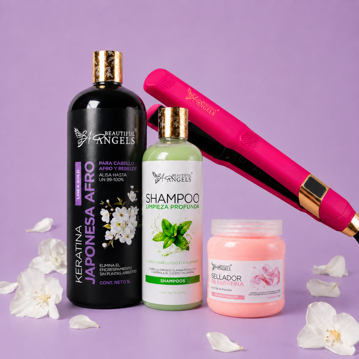 Kit Keratina Japonesa Ultra Afro Gold 1L + Shampoo Limpieza 500ml + Sellador de Keratina 250ml + Plancha Beautiful Angels