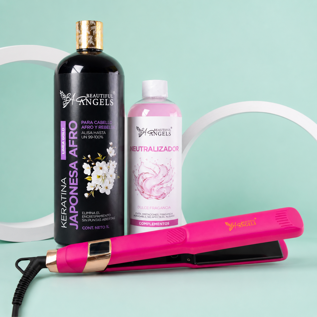 Kit Keratina Japonesa Afro Gold 1L + Neutralizador 500ml + Plancha Beautiful Angels