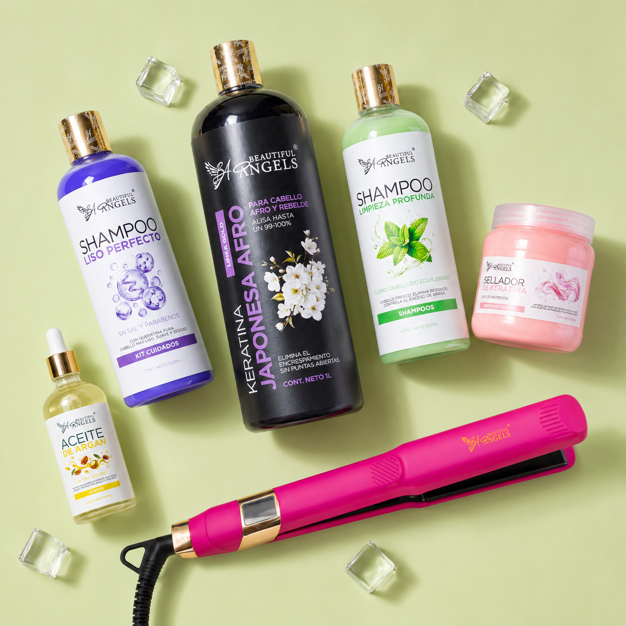 Kit Keratina Japonesa Afro Gold 1L + Shampoo Limpieza 500ml + Shampoo Liso 500ml + Sellador de Keratina 250ml + Aceite de Argán 100ml + Plancha Beautiful Angels