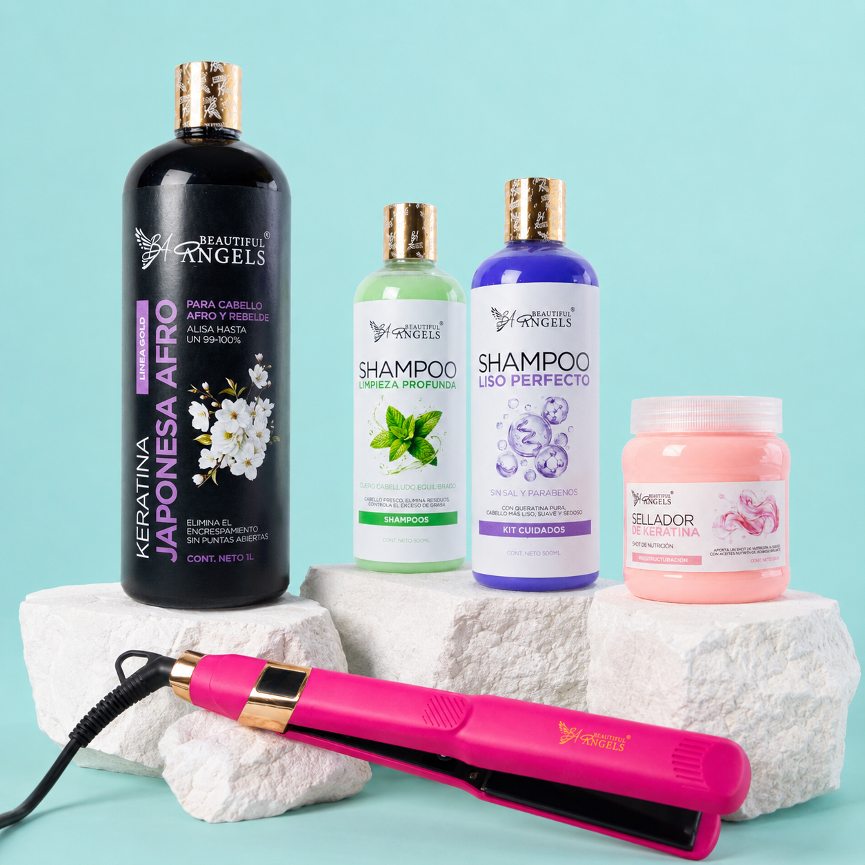 Kit Keratina Japonesa Afro Gold 1L + Shampoo Limpieza 500ml + Shampoo Liso 500ml + Sellador de Keratina 250ml + Plancha Beautiful Angels