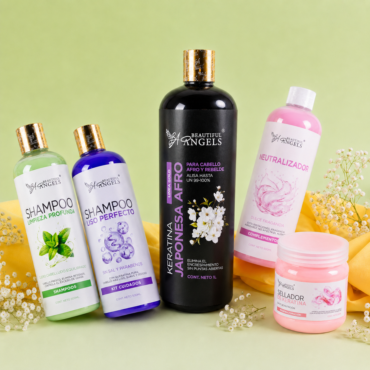 Kit Keratina Japonesa Afro Gold 1L + Shampoo Limpieza Profunda 500ML + Shampoo Liso Perfecto 500ML + Neutralizador 500ML + Sellador de Keratina 250ML
