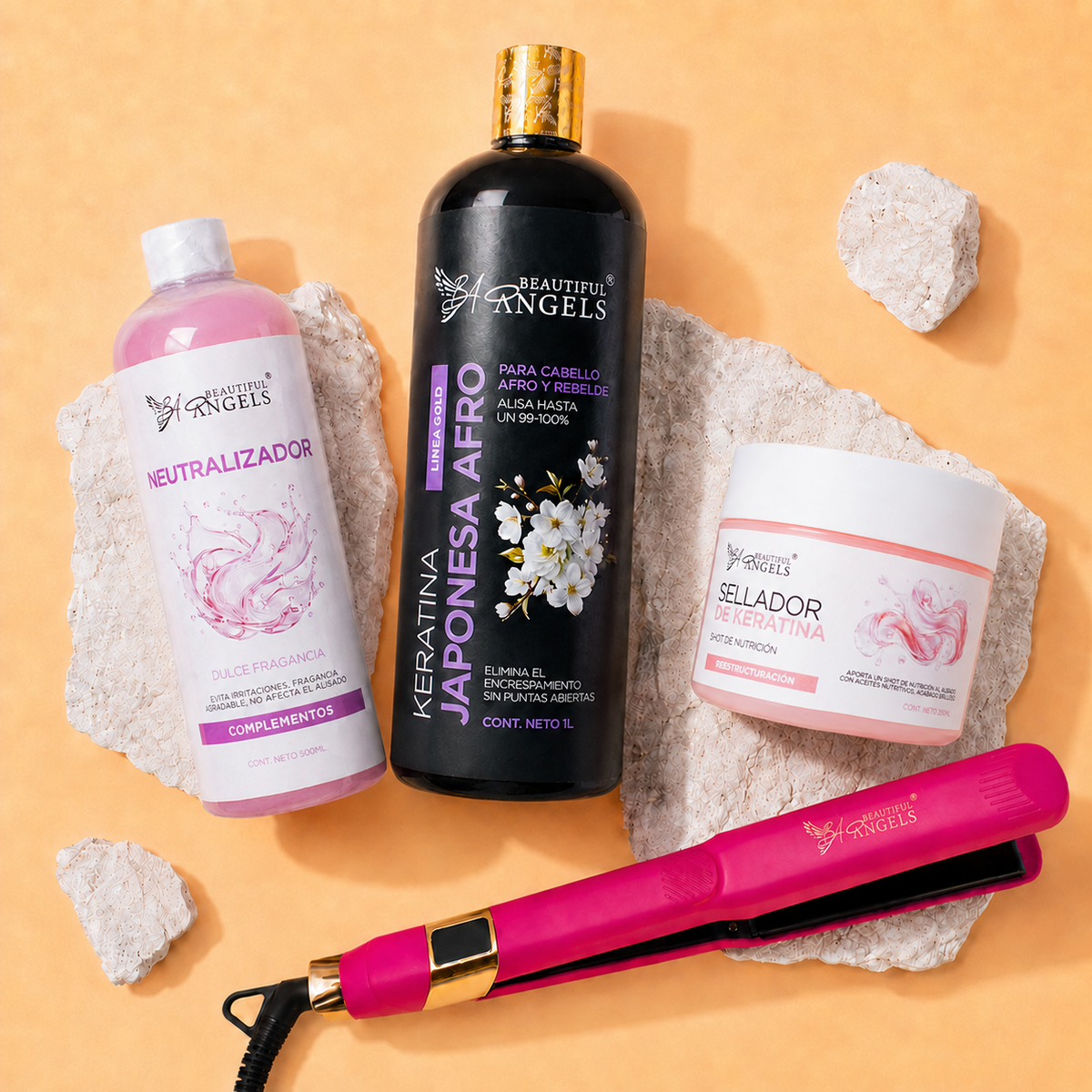 Kit Keratina Japonesa Afro Gold 1L+ Neutralizador 500ML + Sellador de Keratina 250ML + Plancha Profesional Beautiful Angels