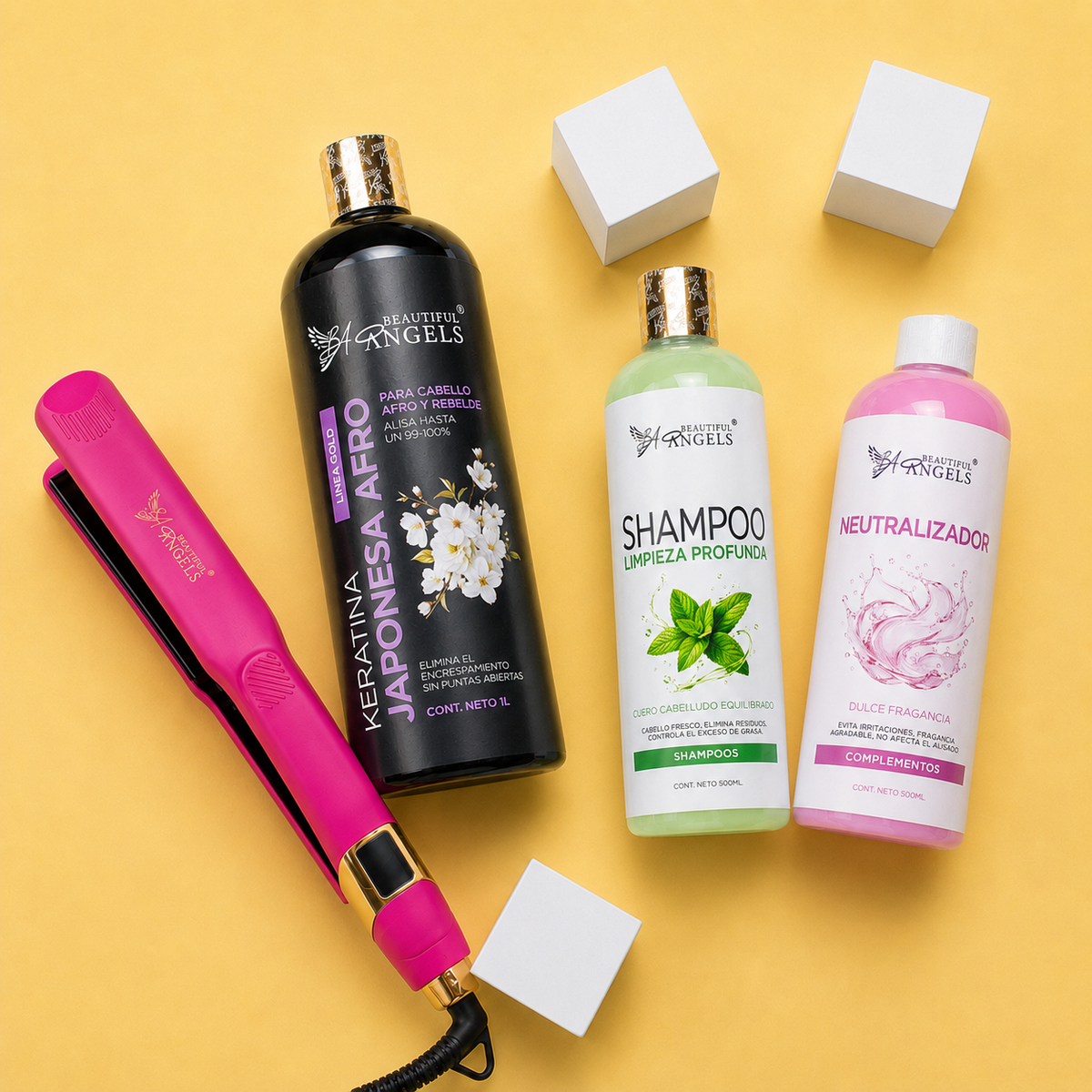 Kit Keratina Japonesa Afro Gold 1L + Shampoo Limpieza Profunda 500ML + Neutralizador 500ML + Plancha Profesional Beautiful Angels