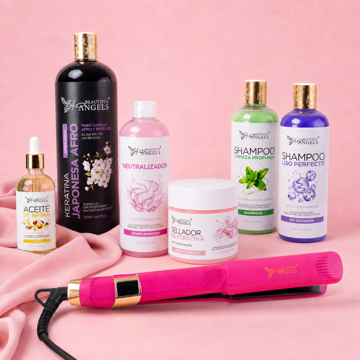 Kit Keratina Japonesa Afro Gold 1L + Shampoo Limpieza Profunda 500ML + Shampoo Liso Perfecto 500ML + Neutralizador 500ML+ Sellador de Keratina 250ML + Aceite de Argán 100ML + Plancha Profesional Beautiful Angels