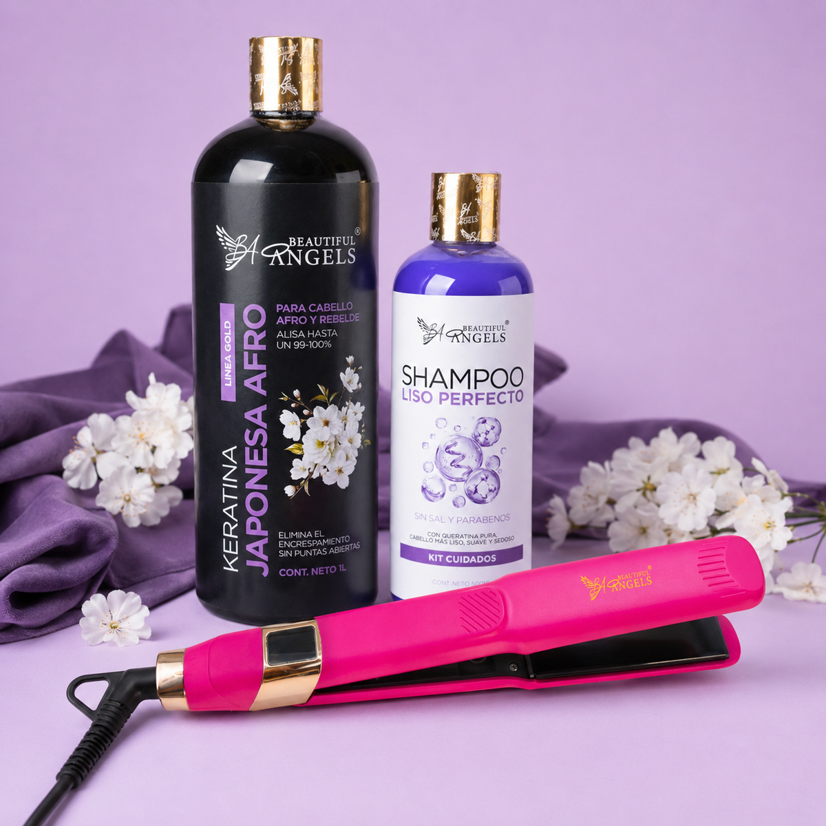 Kit Keratina Japonesa Afro Gold 1L + Shampoo Liso Perfecto 500ml + Plancha Beautiful Angels