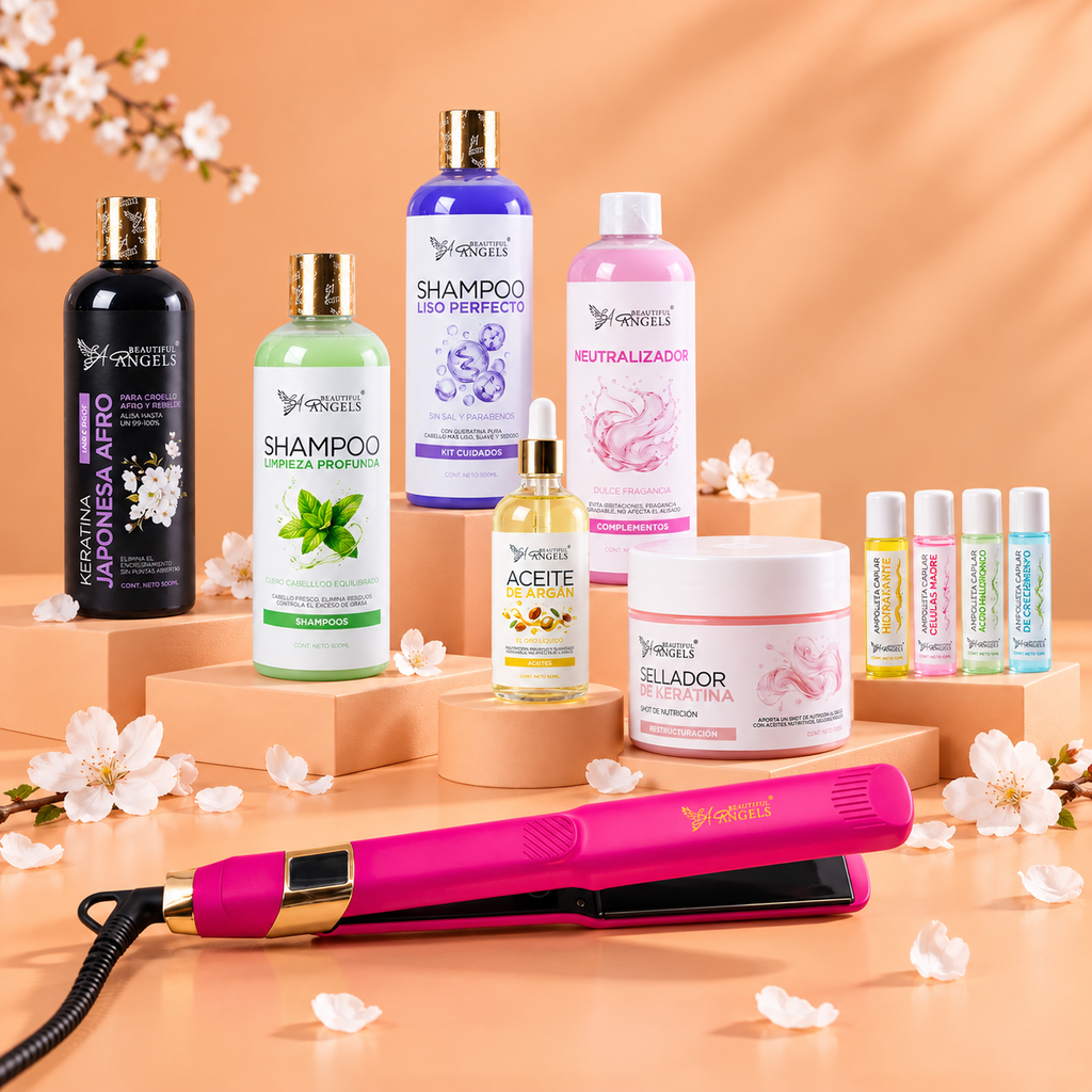 Kit Profesional Keratina Japonesa Afro Gold Beautiful Angels 500ml — Flexibiliza la Hebra desde el Núcleo, Brillo Intenso y Resistencia