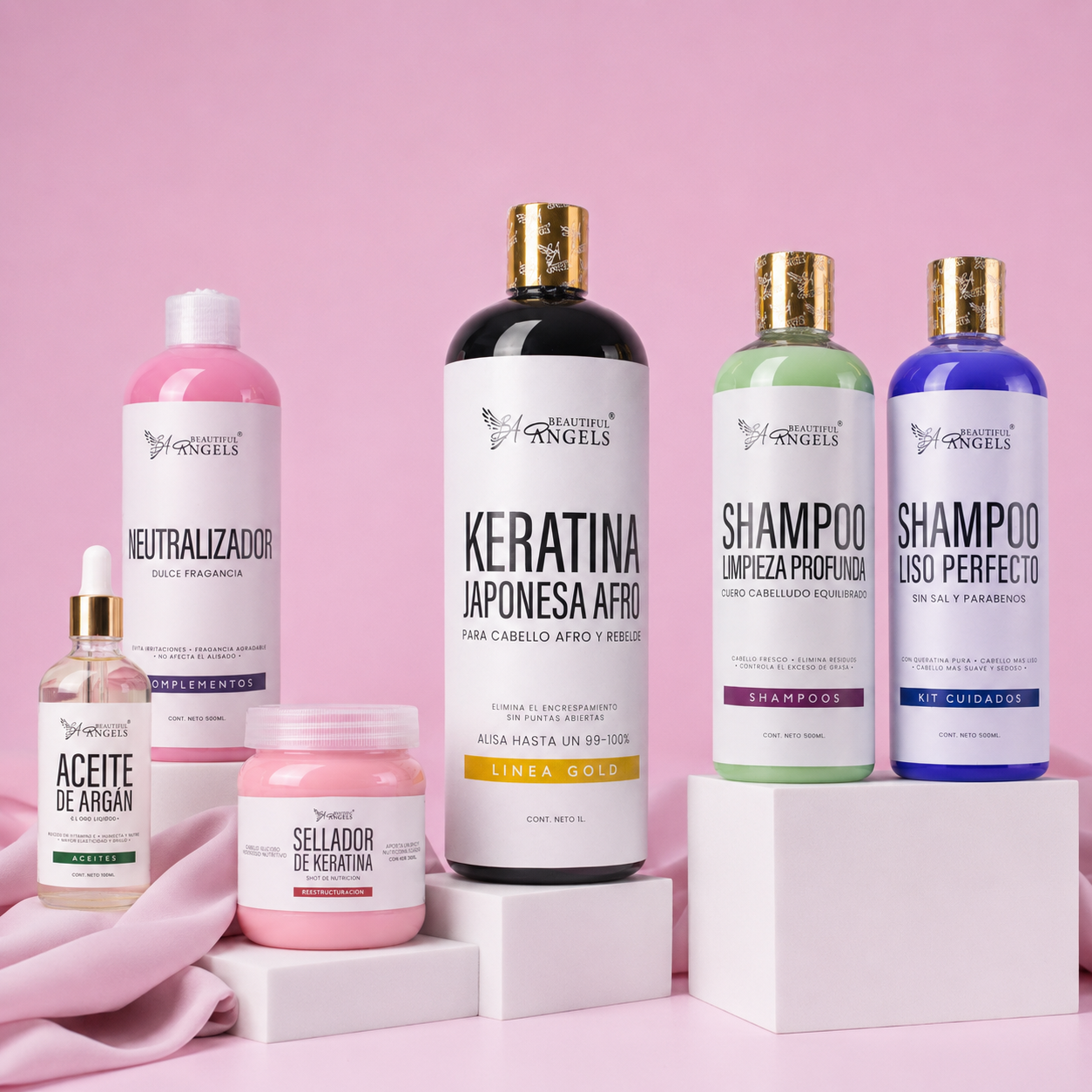 Kit Keratina Japonesa Afro Gold + Shampoo Limpieza Profunda + Shampoo Liso Perfecto + Neutralizador + Sellador de Keratina + Aceite de Argán.
