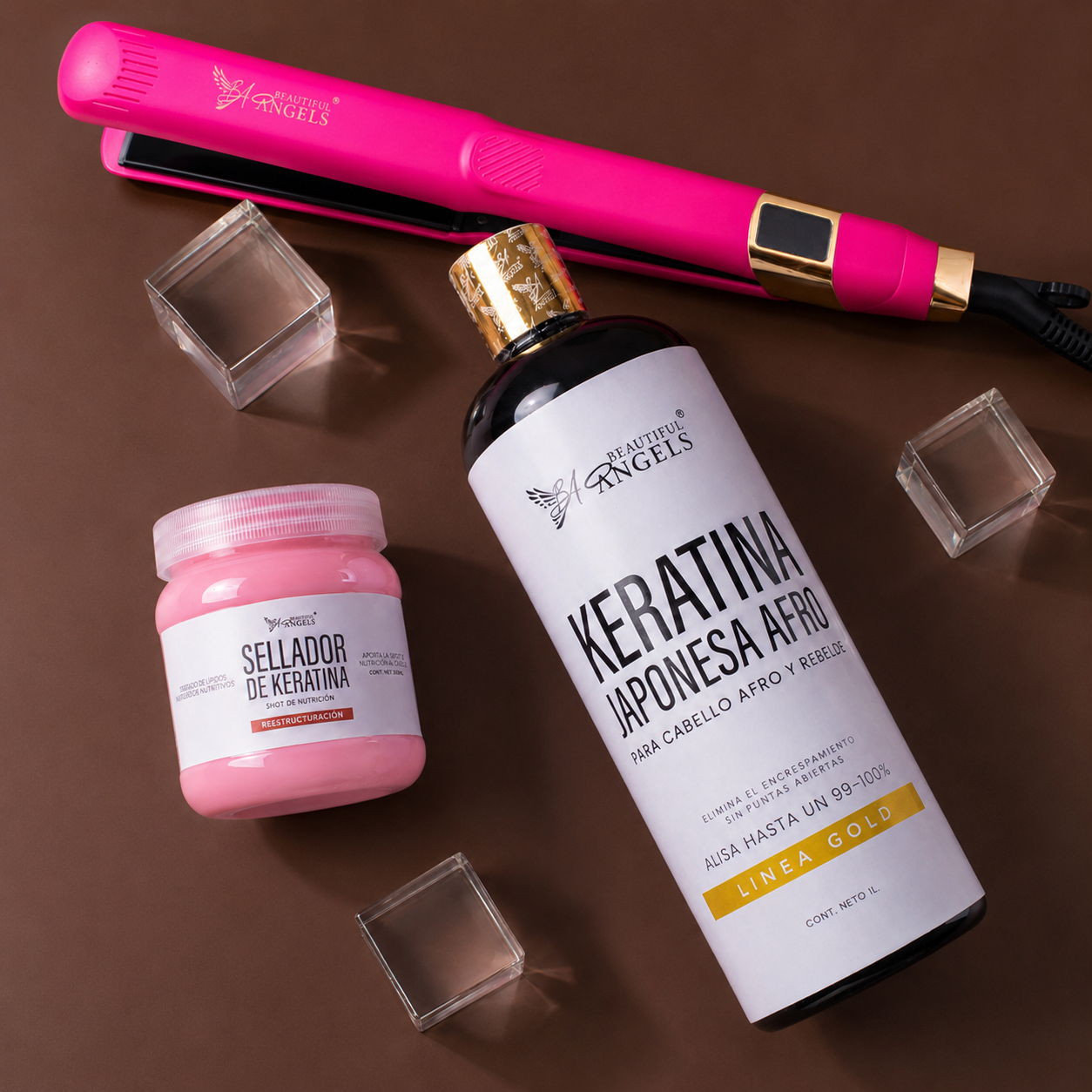 Kit Profesional de Alisado Keratina Japonesa Afro Gold Beautiful Angels + Sellador de Keratina + Plancha Profesional de Nanotitanio