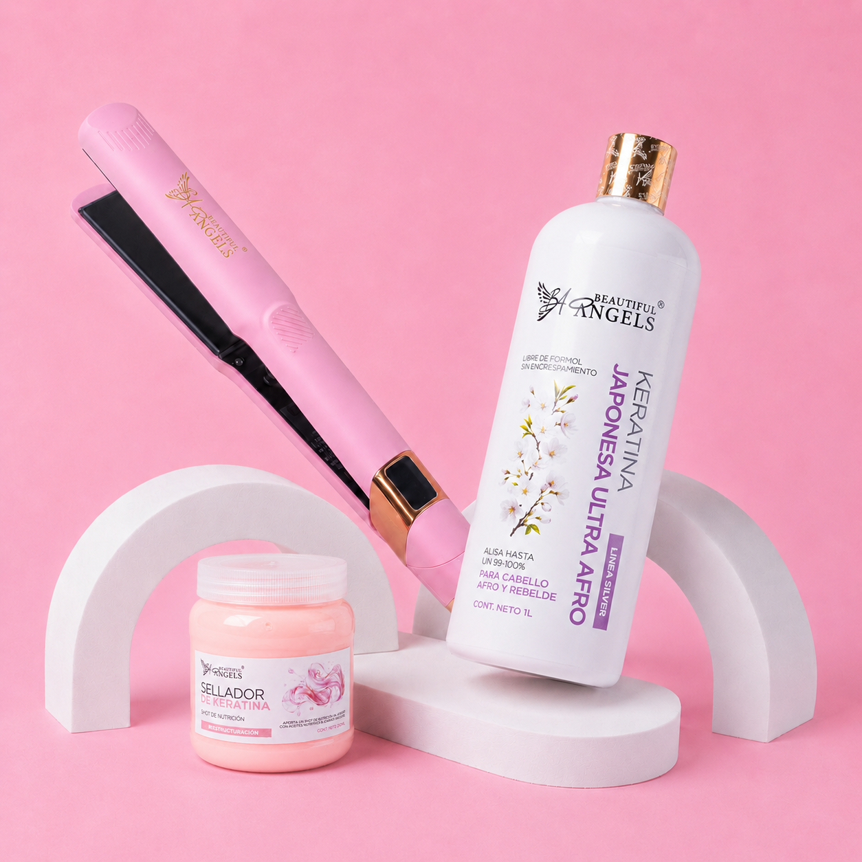 Kit Keratina Japonesa Ultra Afro Silver 1L + Sellador de Keratina 250ml + Plancha Beautiful Angels