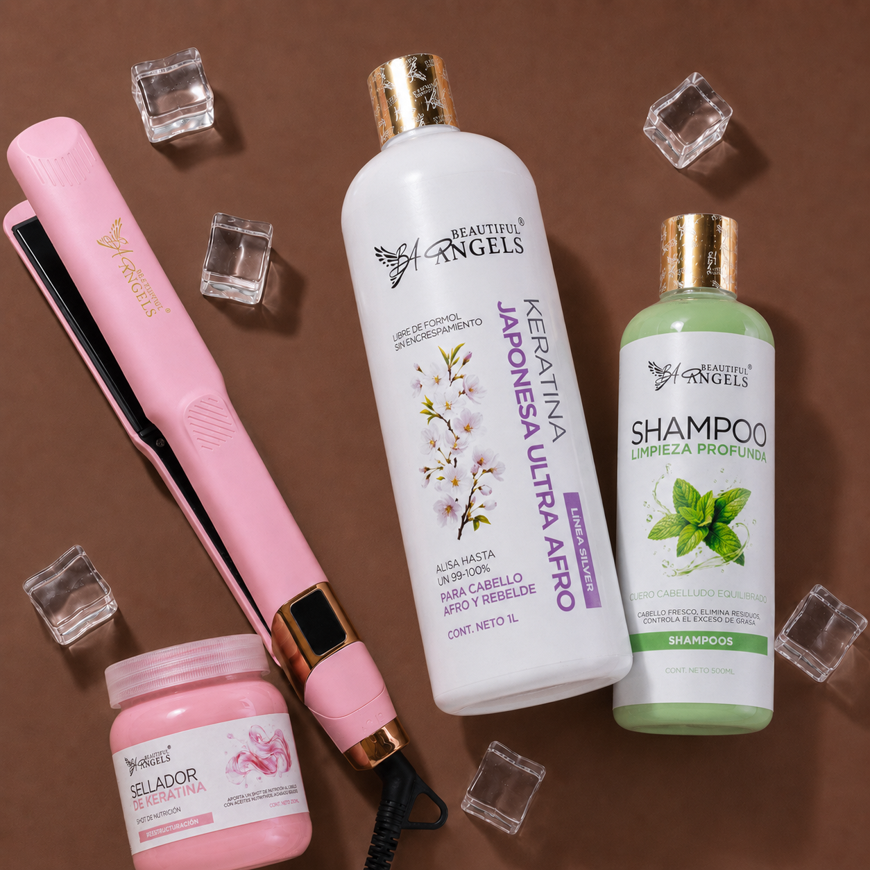 Kit Keratina Japonesa Ultra Afro Silver 1L + Shampoo Limpieza Profunda 500ml + Sellador de Keratina 250ml + Plancha Beautiful Angels