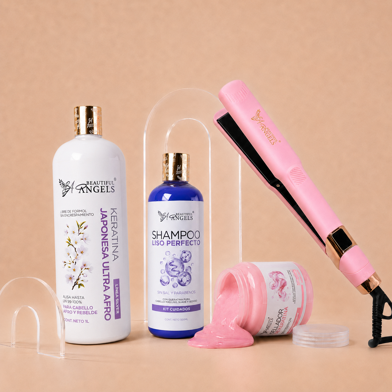 Kit Keratina Japonesa Ultra Afro Silver 1L + Shampoo Liso Perfecto 500ml + Sellador de Keratina 250ml + Plancha Beautiful Angels