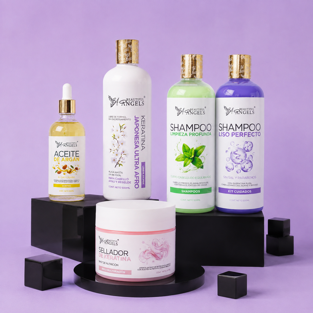 Kit Básico Keratina Japonesa Ultra Afro Silver Beautiful Angels 500ml | Cabello Liso, Sedoso y Manejable | Ideal para Cabello Afro, Crespo y Rebelde | Brillo Intenso y Resultados Duraderos