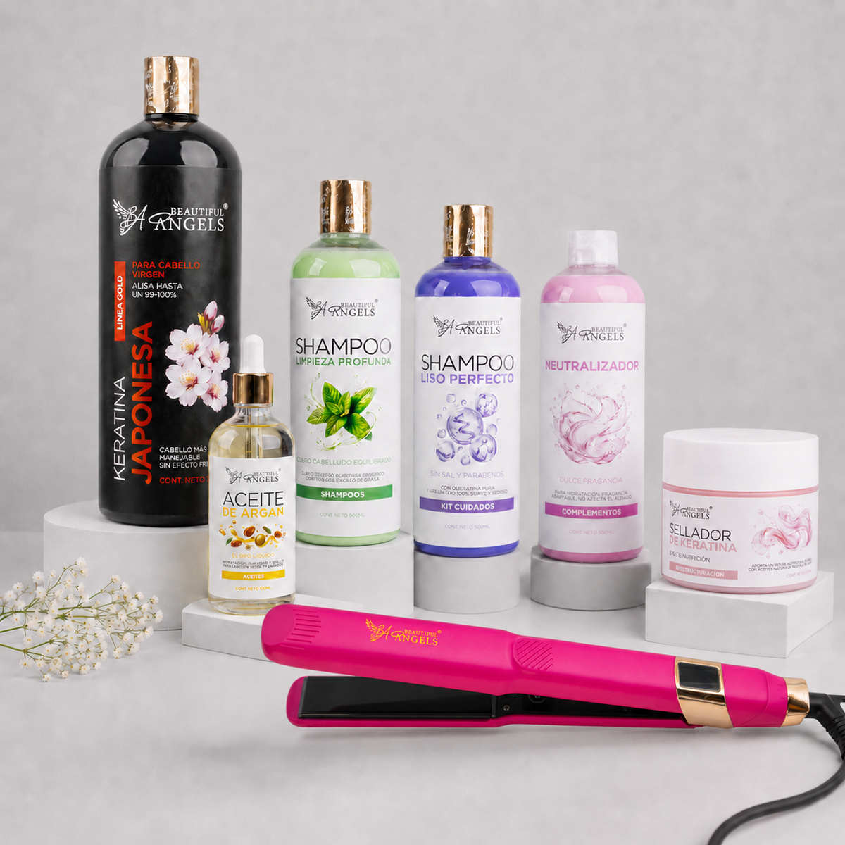 Kit Keratina Japonesa Gold 1L + Shampoo Limpieza Profunda 500ML + Shampoo Liso Perfecto 500ML + Neutralizador 500ML+ Sellador de Keratina 250ML + Aceite de Argán 100ML + Plancha Profesional Beautiful Angels