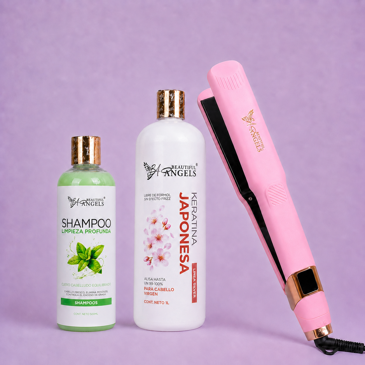 Kit Keratina Japonesa Silver 1L + Shampoo Limpieza Profunda 500ml + Plancha Beautiful Angels