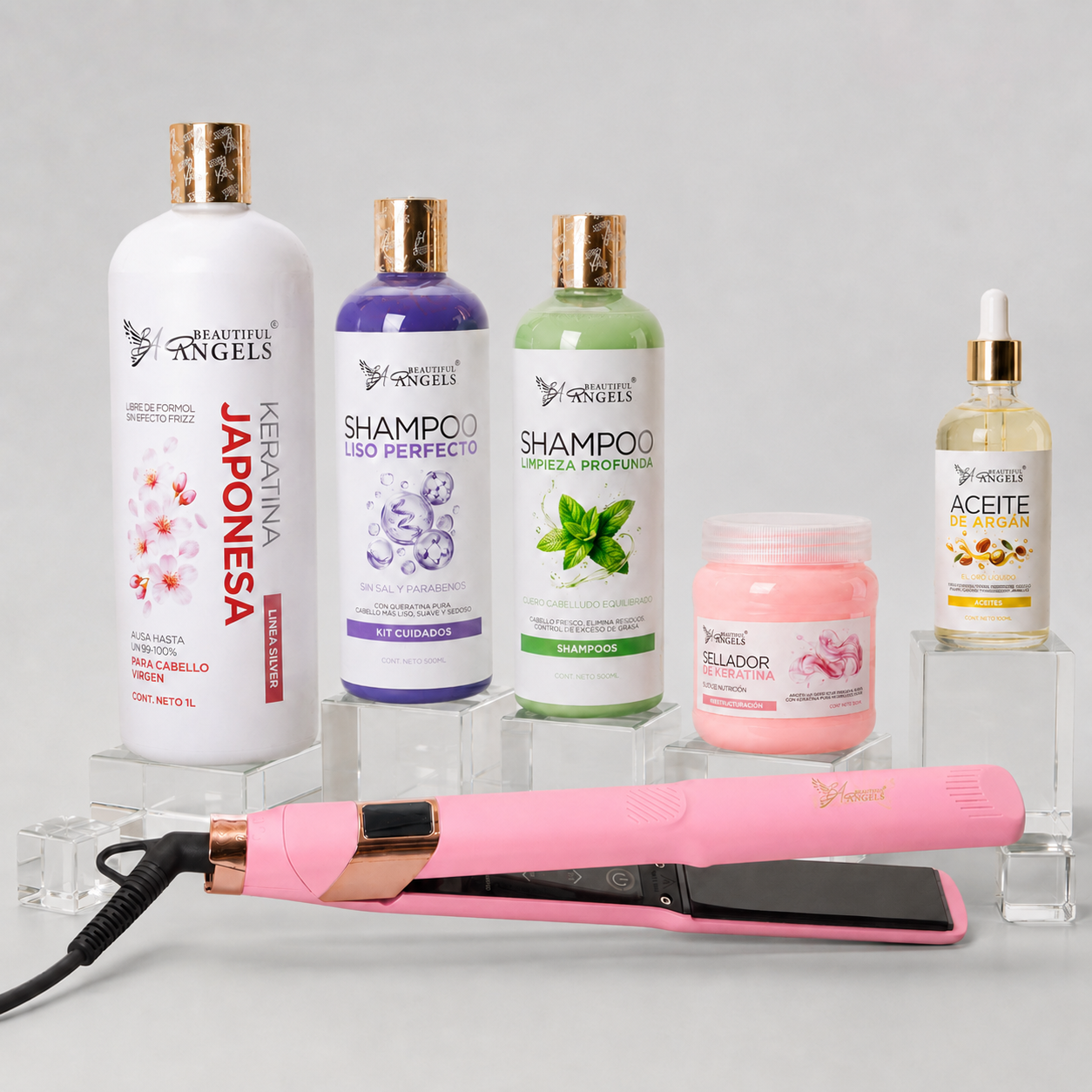 Kit Keratina Japonesa Silver 1L + Shampoo Limpieza Profunda 500ml + Shampoo Liso Perfecto 500ml + Sellador de Keratina 250ml + Aceite de Argán 100ml + Plancha Beautiful Angels