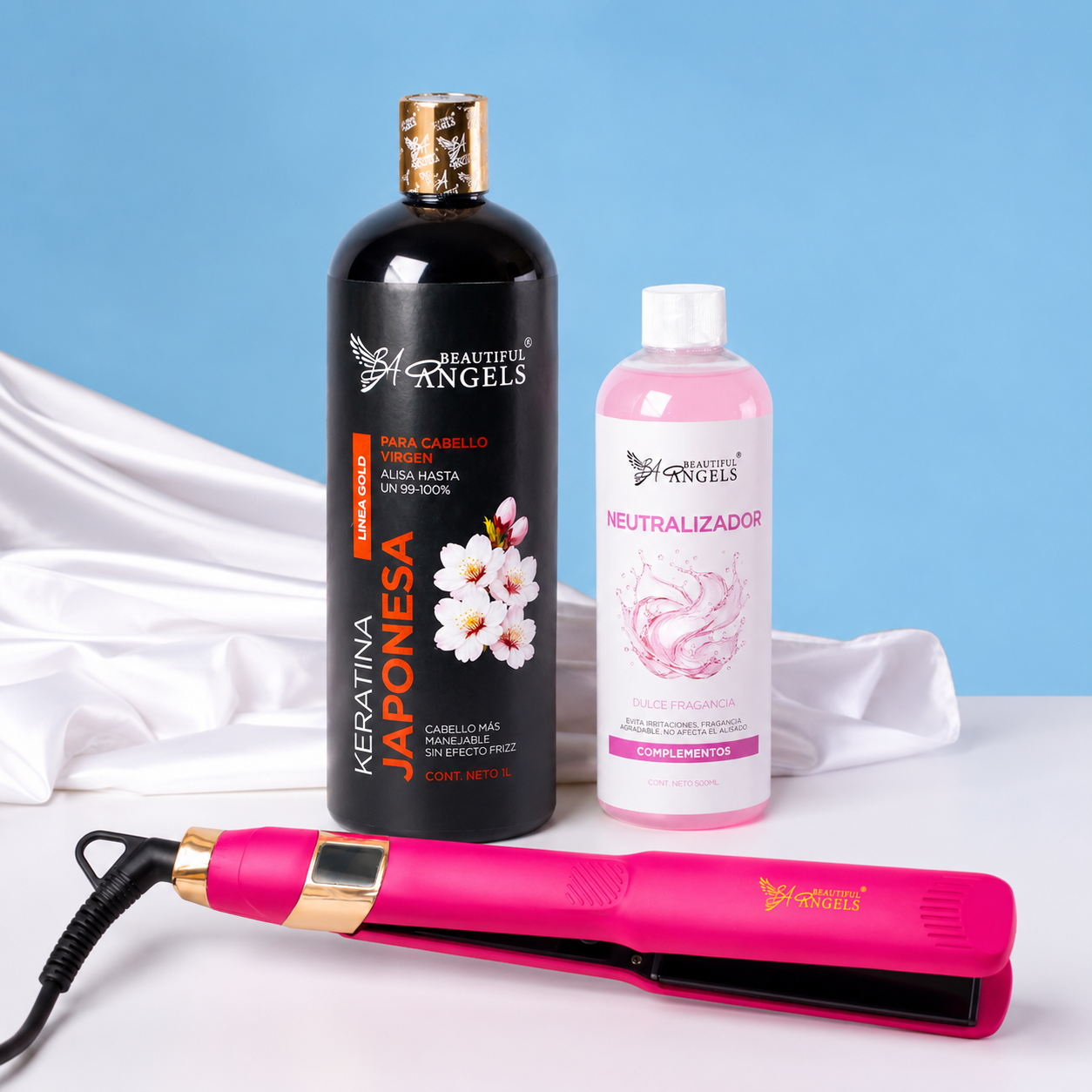 Kit Keratina Japonesa Gold 1L + Neutralizador 500ml + Plancha Beautiful Angels