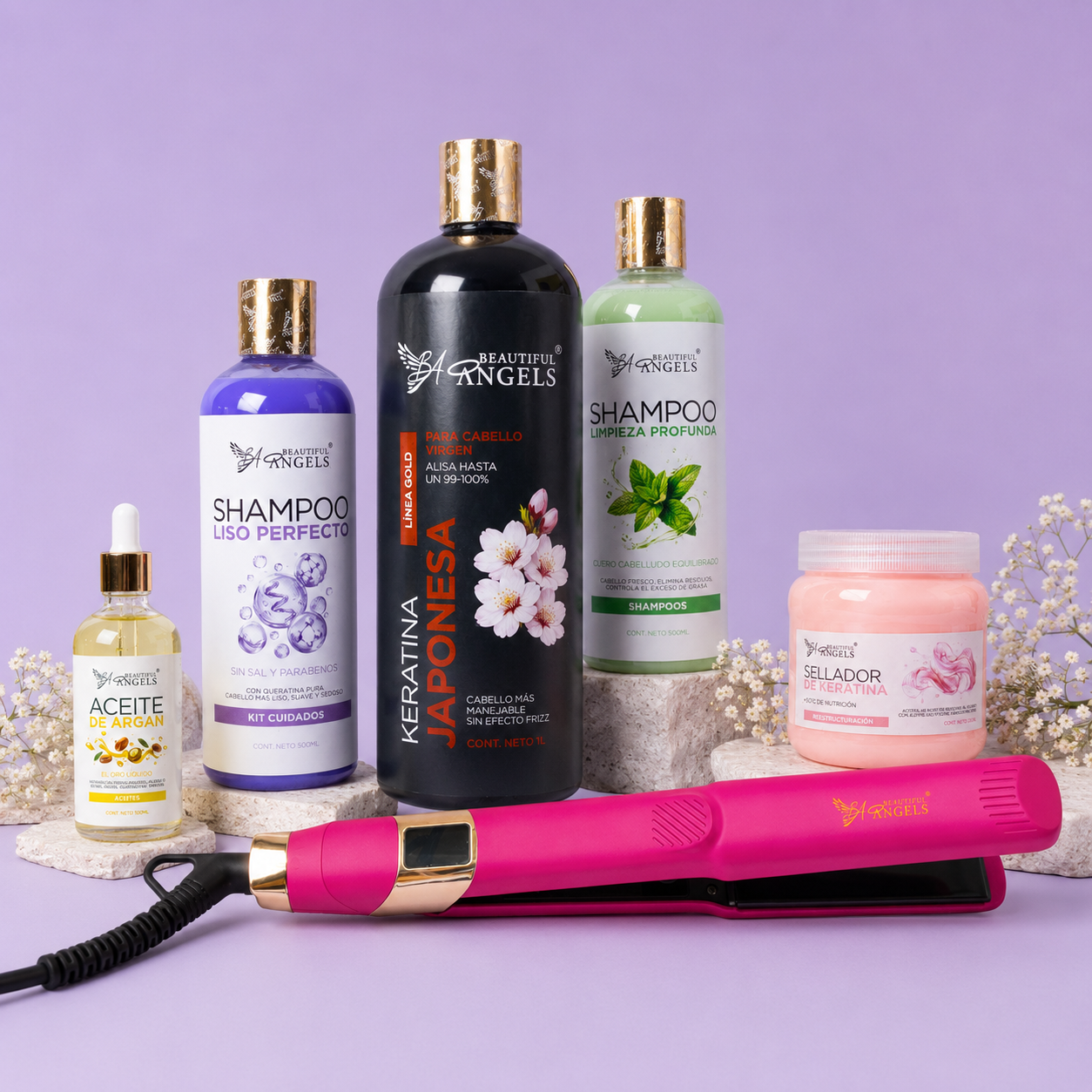 Kit Keratina Japonesa Gold 1L + Shampoo Limpieza 500ml + Shampoo Liso 500ml + Sellador de Keratina 250ml + Aceite de Argán 100ml + Plancha Beautiful Angels