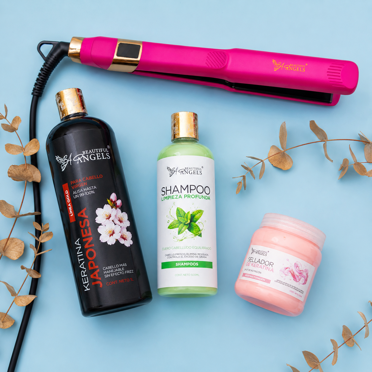 Kit Keratina Japonesa Gold 1L + Shampoo Limpieza 500ml + Sellador de Keratina 250ml + Plancha Beautiful Angels